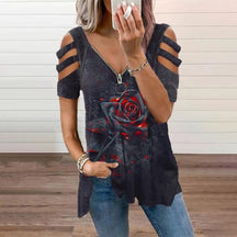 2024 New printed V-neck zipper women's short-sleeved T-shirt
