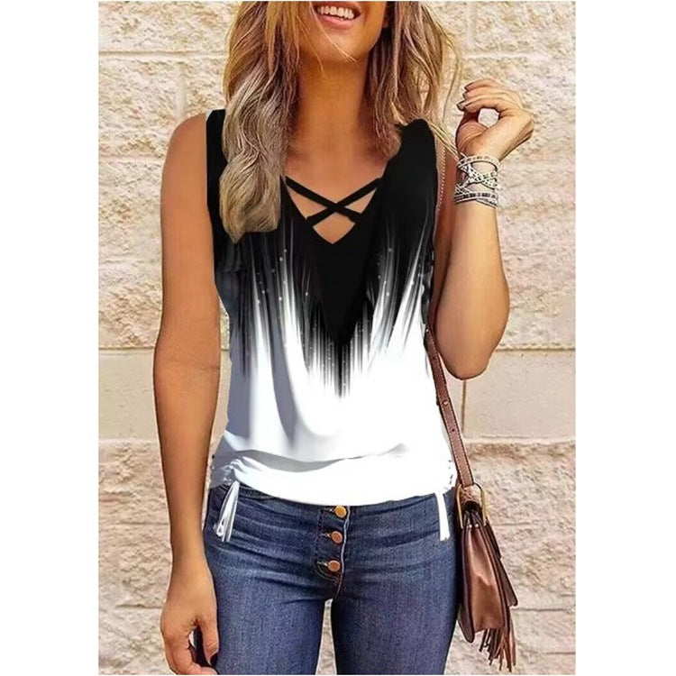 2024 New women's clothing V-neck gradient personality print loose vest T-shirt women