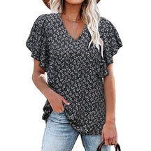 2024 New V-neck floral pleated shirt casual short-sleeved