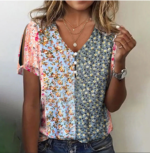 2024 New printed button V-neck short-sleeved T-shirt