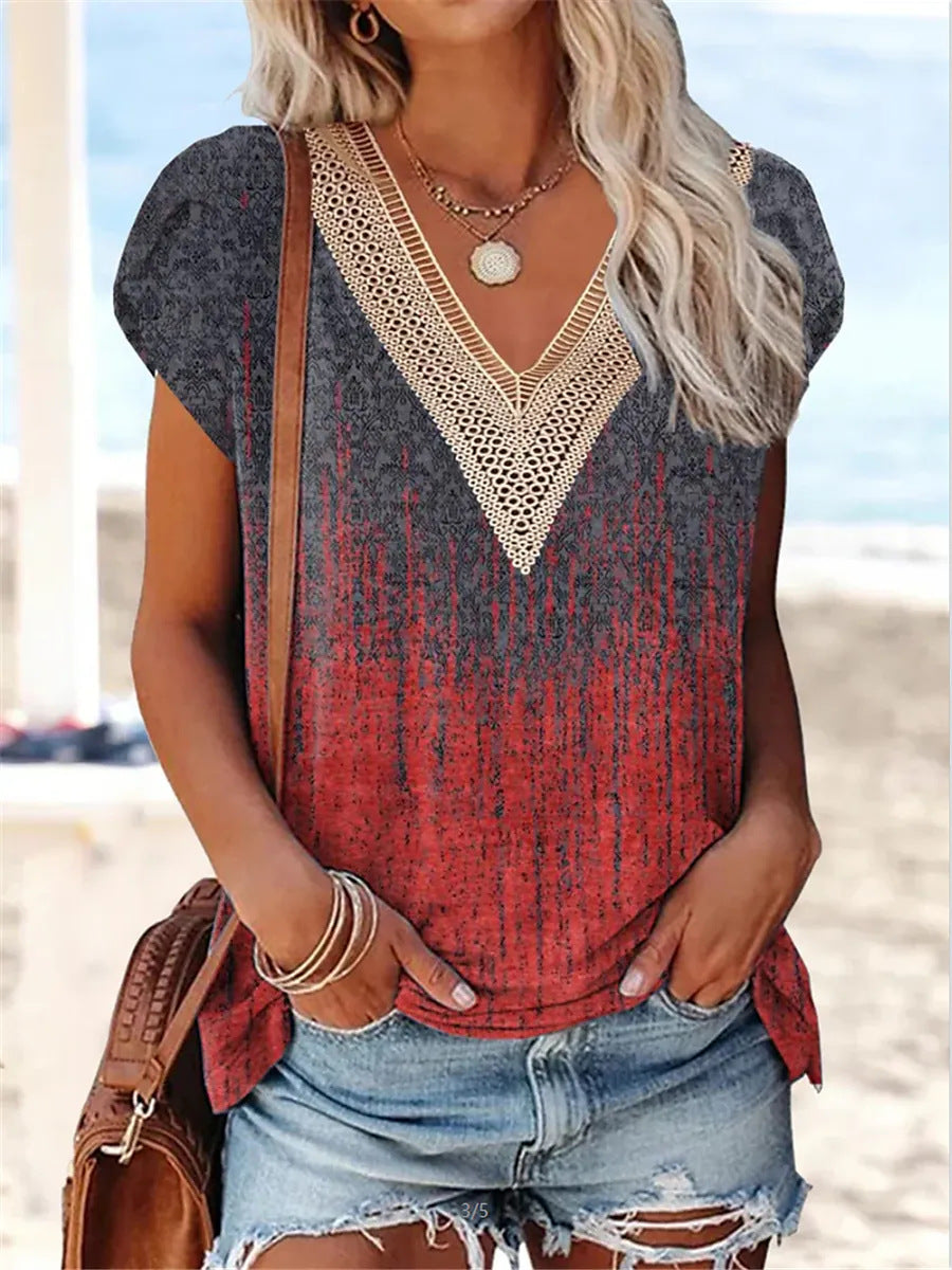 2024 New lace edge V-neck printed casual T-shirt
