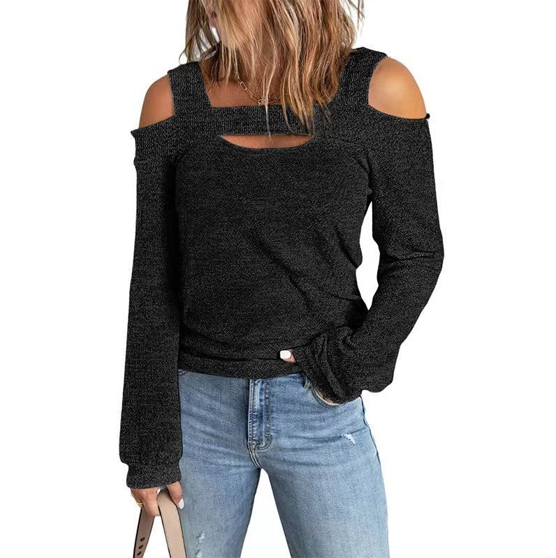 2024 Fashion casual solid color strapless loose long-sleeved T-shirt for women