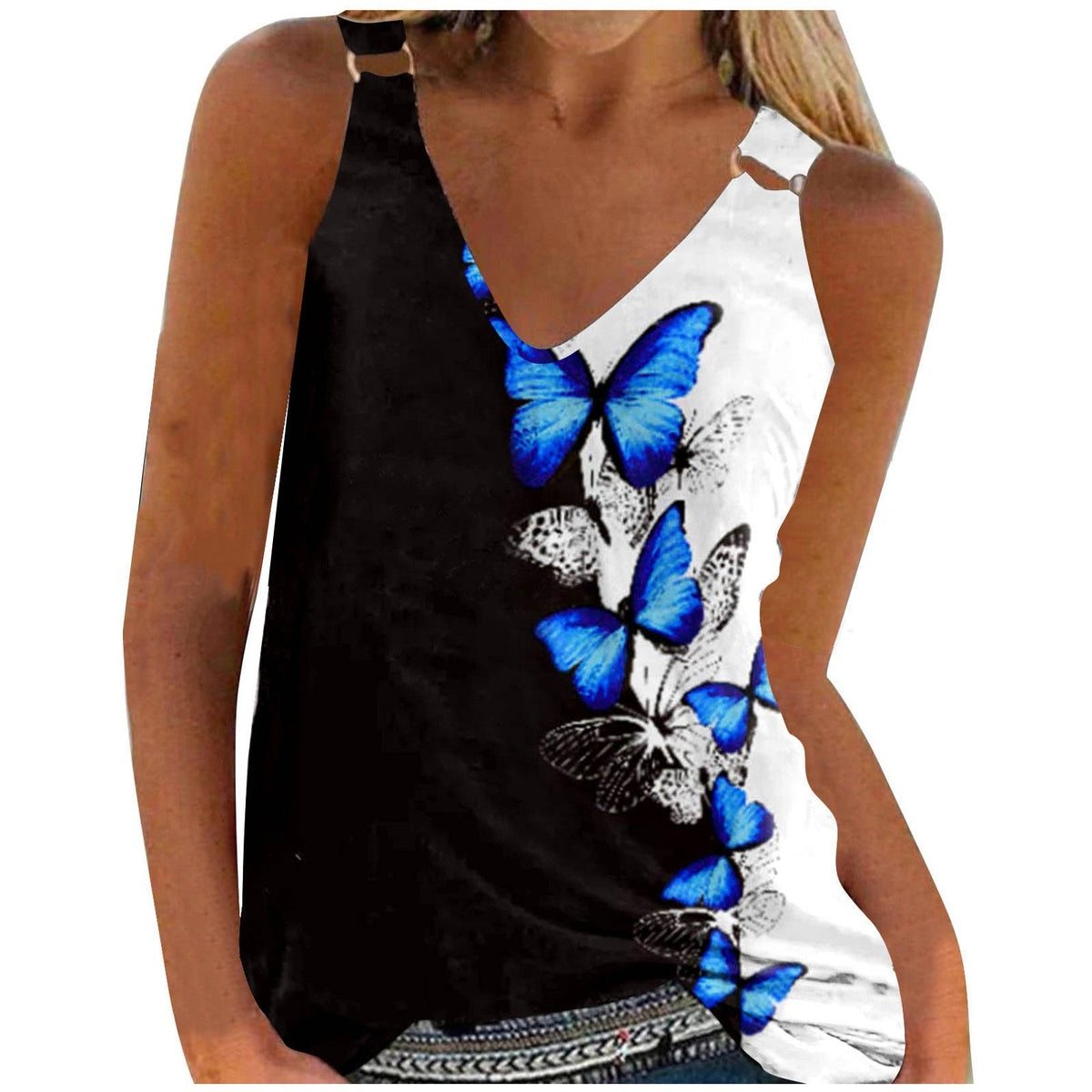 2024 New off-the-shoulder black and white floral digital printing casual camisole