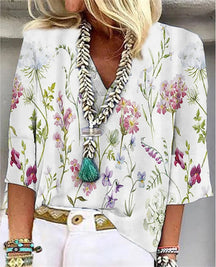 2024 New casual floral print loose V-neck top