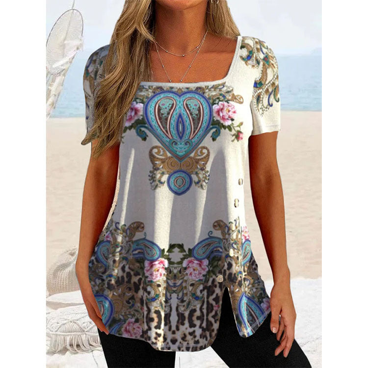 2024 Women's ethnic style button slit short-sleeved top