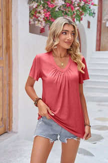 2024new solid color pleated V-neck ruffled sleeve loose top