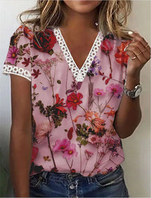 2024 New V-neck flower lace loose T-shirt