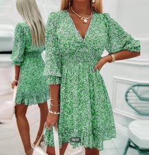 2024 New Printed Puff Sleeve Floral Dress